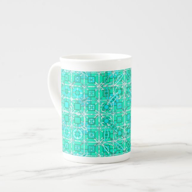 Tribal Batik - aqua och turkos med vitt Benporslin Mugg (Framsida vänster)