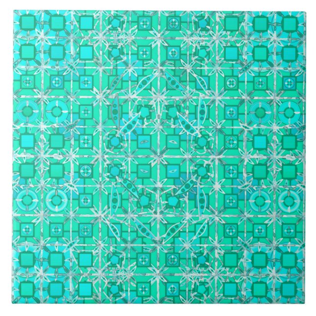 Tribal Batik - aqua och turkos med vitt Kakelplatta (Framsidan)