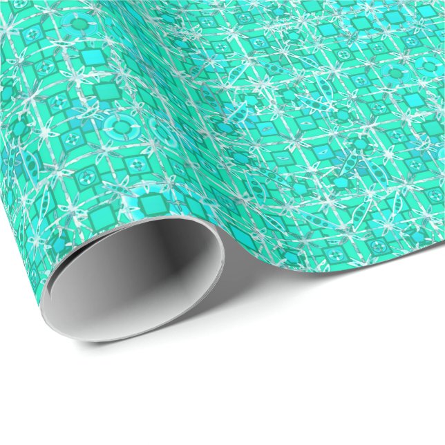 Tribal Batik - aqua och turkos med vitt Presentpapper (Rullad Hörn)