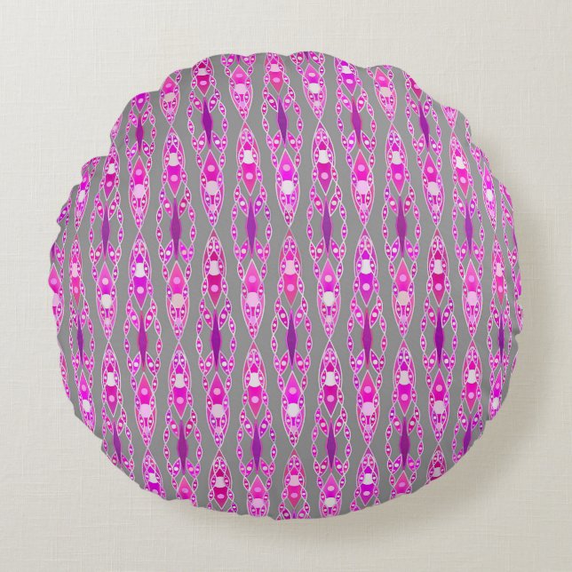 Tribal Batik - Fuchsia Rosa, Violet och Grått Rund Kudde (Framsidan)