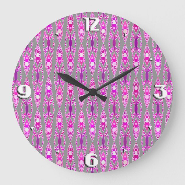 Tribal Batik - Fuchsia Rosa, Violet och Grått Stor Klocka (Framsida)