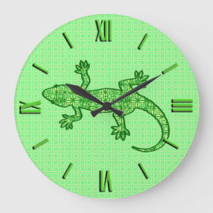 Tribal batik Gecko - kalk och emerald grönt Stor Klocka
