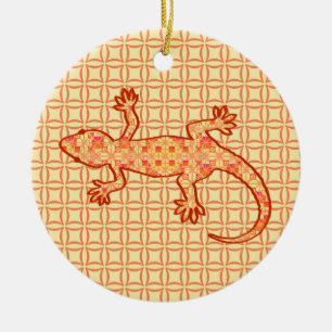 Tribal batik Gecko - korall och lätt orange Julgransprydnad Keramik