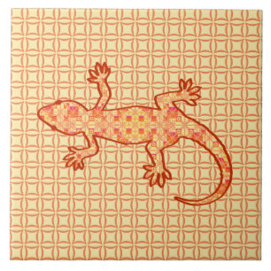Tribal batik Gecko - korall och lätt orange Kakelplatta
