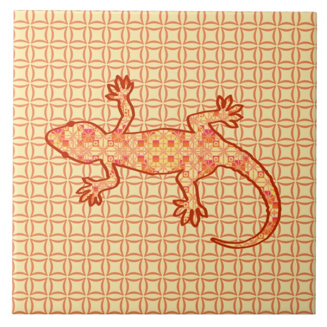 Tribal batik Gecko - korall och lätt orange Kakelplatta (Framsidan)