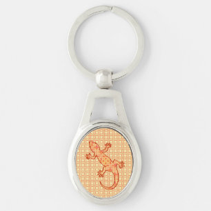 Tribal batik Gecko - korall och lätt orange Ovalt Silverfärgad Nyckelring