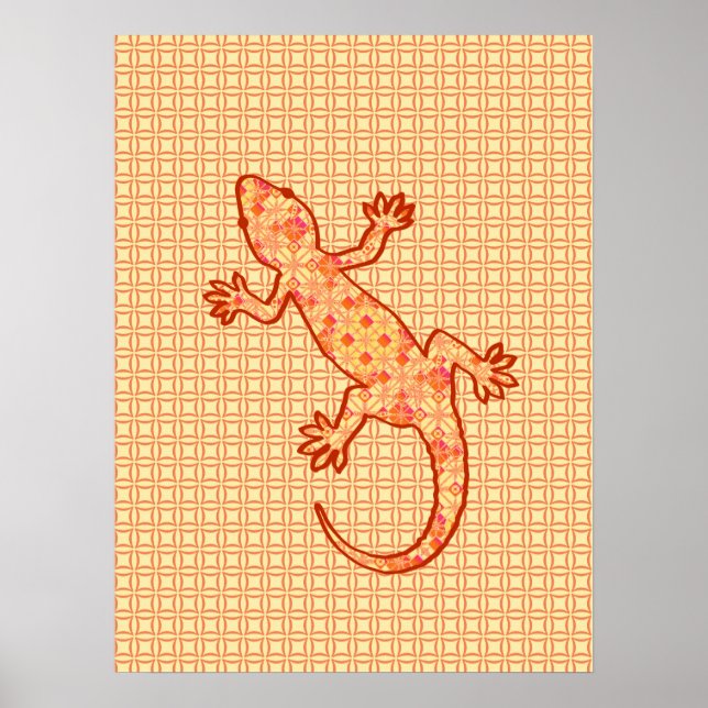 Tribal batik Gecko - korall och lätt orange Poster (Framsidan)