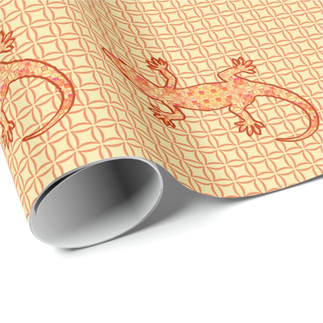 Tribal batik Gecko - korall och lätt orange Presentpapper (Rullad Hörn)