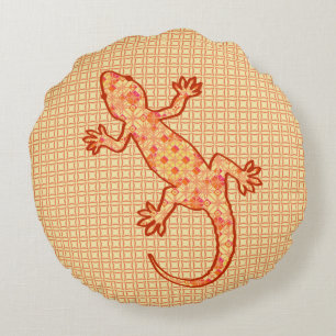 Tribal batik Gecko - korall och lätt orange Rund Kudde