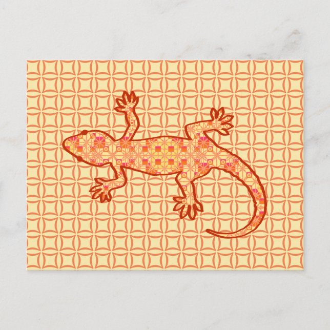 Tribal batik Gecko - korall och lätt orange Vykort (Framsida)