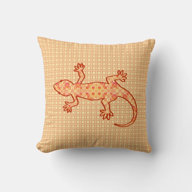 Tribal batik Gecko - korall och ljus orange Kudde (Framsida)