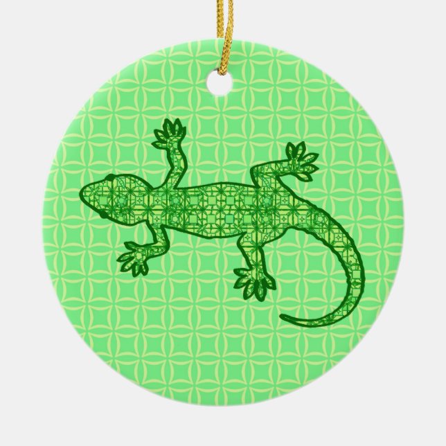 Tribal batik Gecko - lime and emerald grönt Julgransprydnad Keramik (Framsidan)