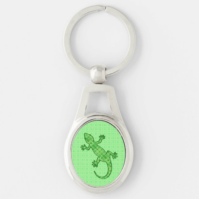 Tribal batik Gecko - lime and emerald grönt Ovalt Silverfärgad Nyckelring (Framsidan)