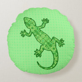Tribal batik Gecko - lime and emerald grönt Rund Kudde