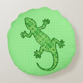 Tribal batik Gecko - lime and emerald grönt Rund Kudde