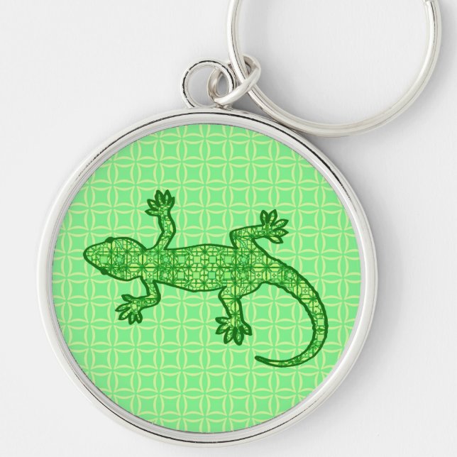 Tribal batik Gecko - lime and emerald grönt Rund Silverfärgad Nyckelring (Framsidan)