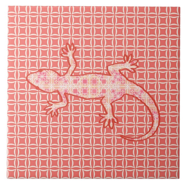 Tribal batik Gecko - rosa av korall och grädde Kakelplatta (Framsidan)