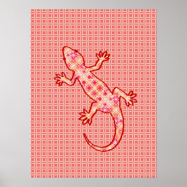 Tribal batik Gecko - rosa av korall och grädde Poster (Framsidan)