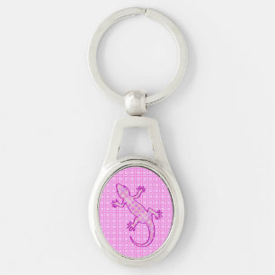 Tribal batik Gecko - rosa av orchid och snäcka Ovalt Silverfärgad Nyckelring