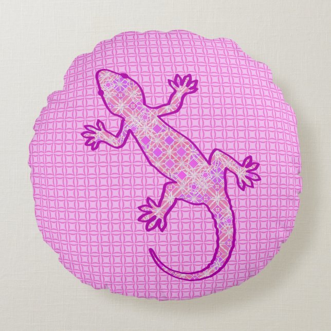 Tribal batik Gecko - rosa av orchid och snäcka Rund Kudde (Framsidan)