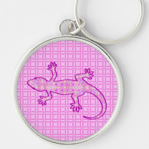 Tribal batik Gecko - rosa av orchid och snäcka Rund Silverfärgad Nyckelring