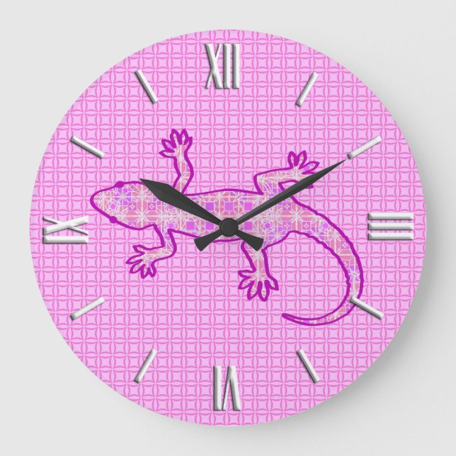 Tribal batik Gecko - rosa av orkidéer och snäcka Stor Klocka (Framsida)