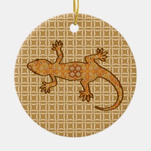 Tribal batik Gecko - rost, gult och tan Julgransprydnad Keramik