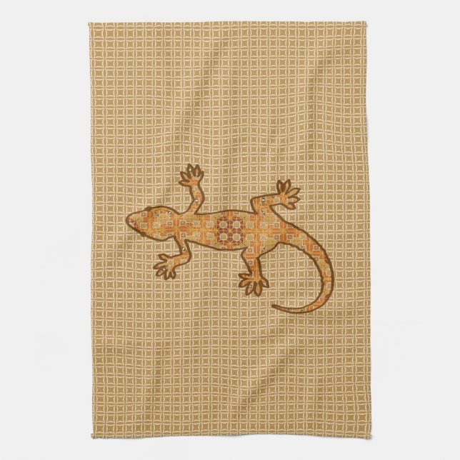 Tribal batik Gecko - rost, gult och tan Kökshandduk (Vertikal)