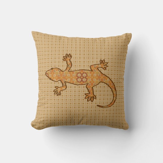 Tribal batik Gecko - rost, gult och tan Kudde (Framsida)