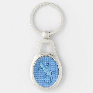Tribal batik Gecko - soft denim blue Ovalt Silverfärgad Nyckelring
