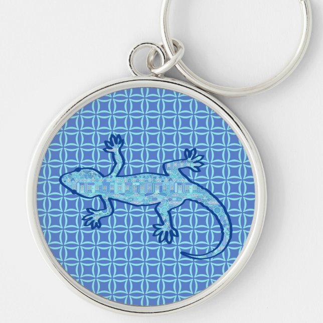 Tribal batik Gecko - soft denim blue Rund Silverfärgad Nyckelring (Framsidan)