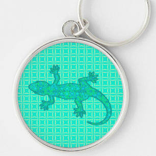 Tribal batik Gecko - turkos/peace Rund Silverfärgad Nyckelring