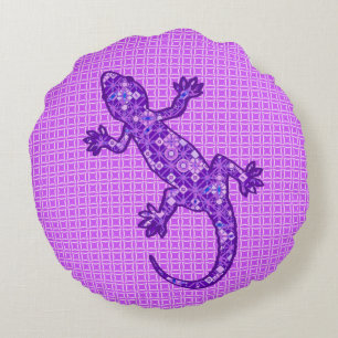 Tribal batik Gecko - violet och ametyst lila Rund Kudde
