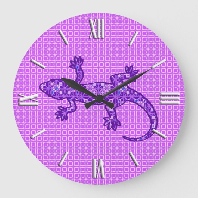Tribal batik Gecko - violet och ametyst lila Stor Klocka (Framsida)