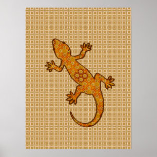 Tribal batik Gekko - Rust, bärnstensfärgad och bru Poster