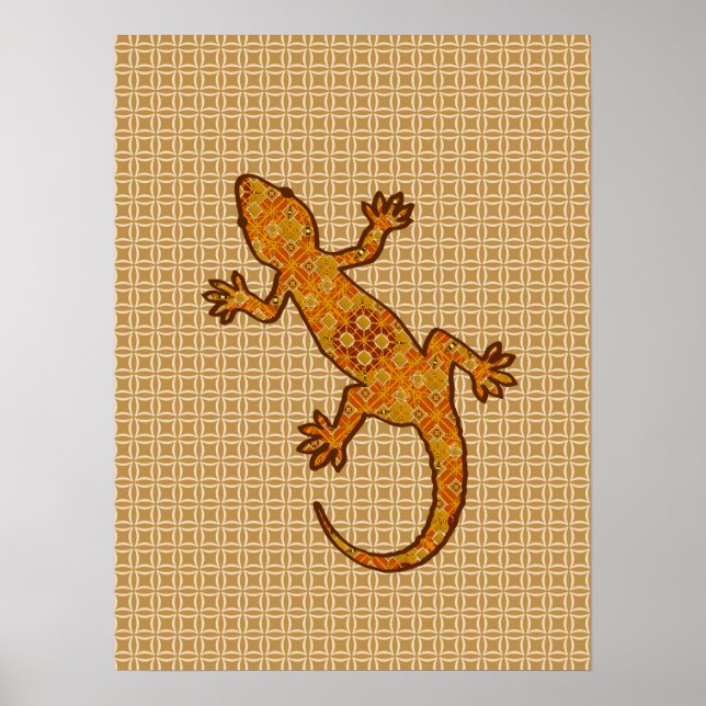 Tribal batik Gekko - Rust, bärnstensfärgad och bru Poster (Framsidan)