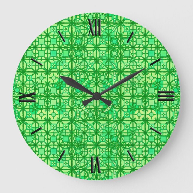 Tribal Batik - gröntens nyanser Stor Klocka (Framsida)