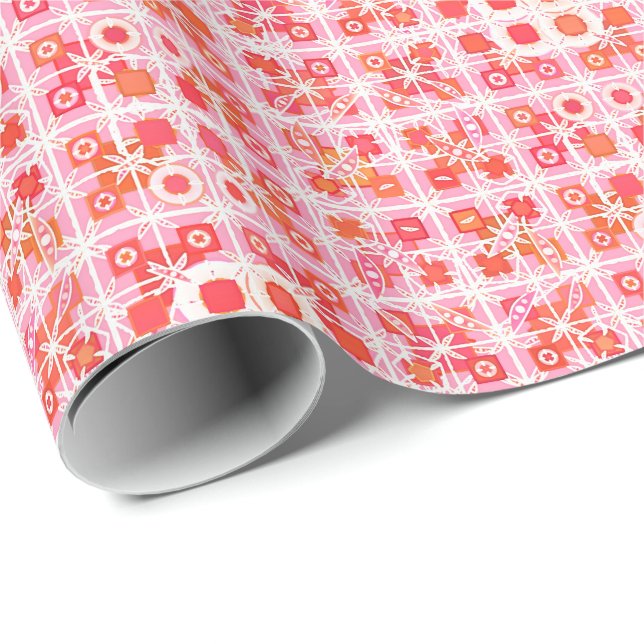 Tribal Batik - jordgubb rosa och röd Presentpapper (Rullad Hörn)