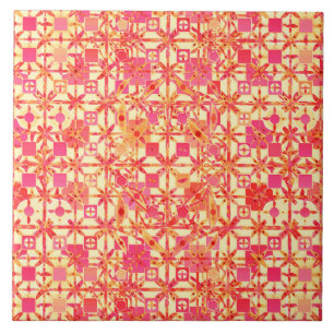 Tribal Batik - orange, rosa av korall och fuchsia Kakelplatta