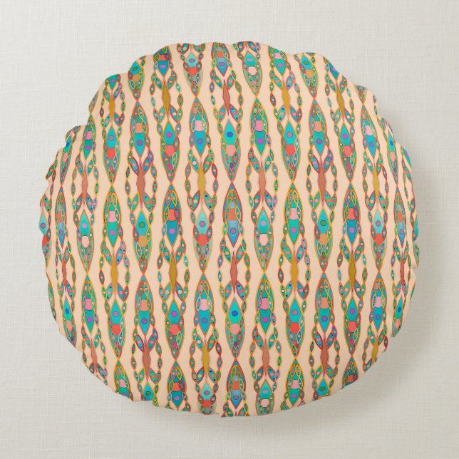 Tribal Batik - Persikopink och Turkos Rund Kudde (Framsidan)