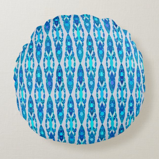 Tribal Batik - Sapphire Blue och Silver Grått Rund Kudde (Framsidan)