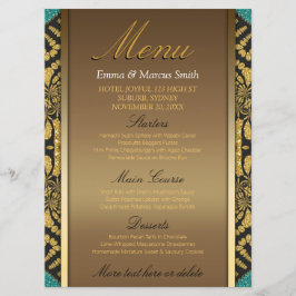 Tribal Batik Stil Guld Black Teal Bröllop Menu Meny