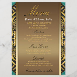 Tribal Batik Stil Guld Black Teal Bröllop Menu Meny