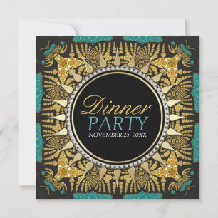 Tribal Batik Turkos Guld Svart Middagsparty Inbjudningar