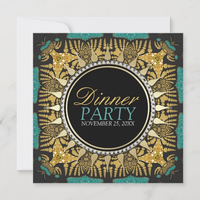 Tribal Batik Turkos Guld Svart Middagsparty Inbjudningar (Framsida)