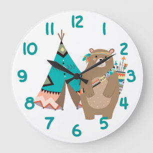 Tribal Bear och Tipi Teal Number Stor Klocka