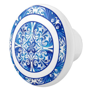 Tribal Blå och Vit Capri Maiolica Azulejo Knopp