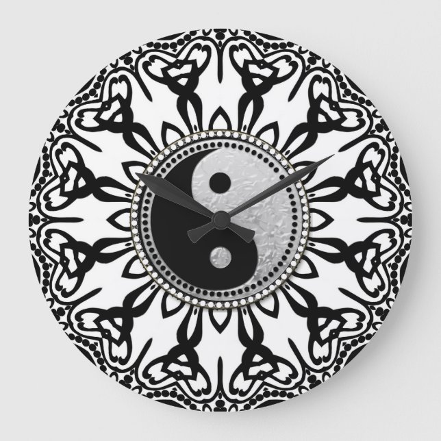 Tribal Black+White Yin Yang Balance Din tid Stor Klocka (Framsida)