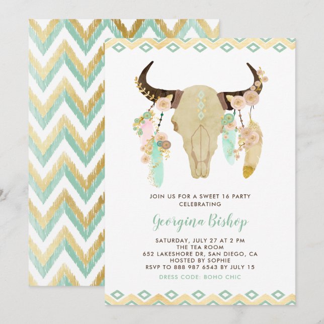 Tribal Blommigt Skull och Feathers Sweet sixteen Inbjudningar (Fram/baksida)