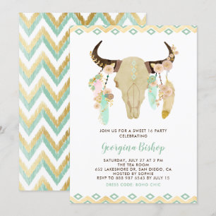 Tribal Blommigt Skull och Feathers Sweet sixteen Inbjudningar